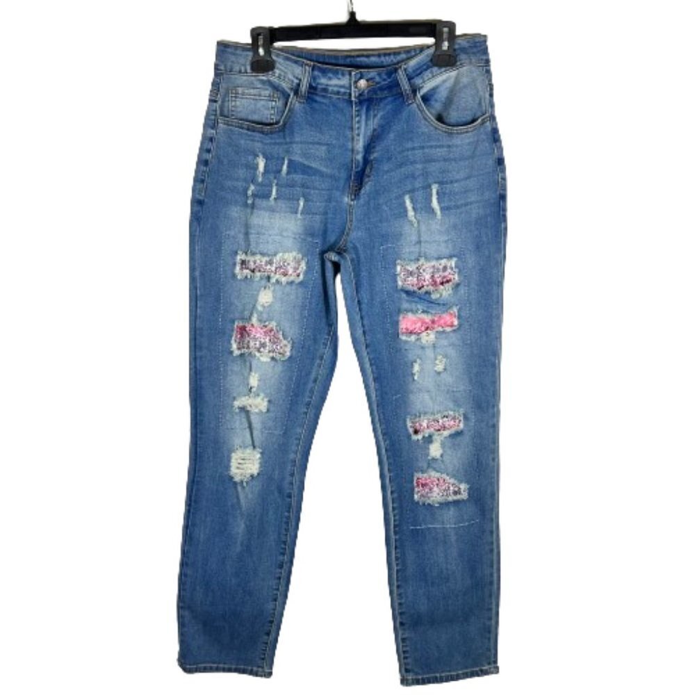 Boutique Womens Jeans Distressed Patched Boho High Rise Straight Leg Size Large